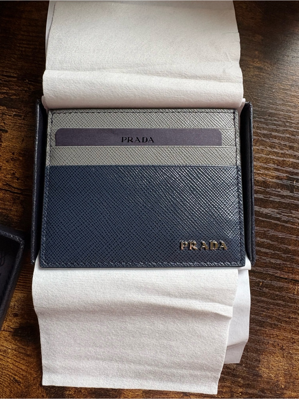 Prada Navy and Gray Saffiano Leather Card Holder